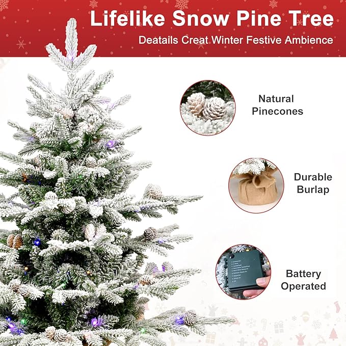 Prelit Flocked Christmas Tree, Artificial Small Christmas Tree with 100 Warm White & Multi Color Led Lights, Frosted LED Xmas Tree with Snow (3FT-Lights)