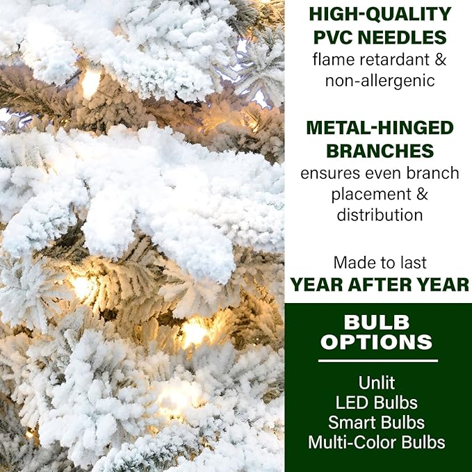 Fraser Hill Farm Pine Valley Flocked Christmas Tree, 9 Feet Tall, Snowy Tree Includes Warm White LED Lights with Easy to Connect and Set up Features, Perfect Holiday and Xmas Décor