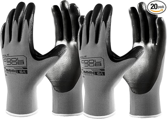 COOLJOB 20 Pairs Nitrile Dipped Safety Work Gloves with Grip, Non-slip Rubber Coated Bulk Garden Gloves for Men, Heavy-duty Oil Resistant for Truck Driver, Warehouse Box Handler, Small, Gray