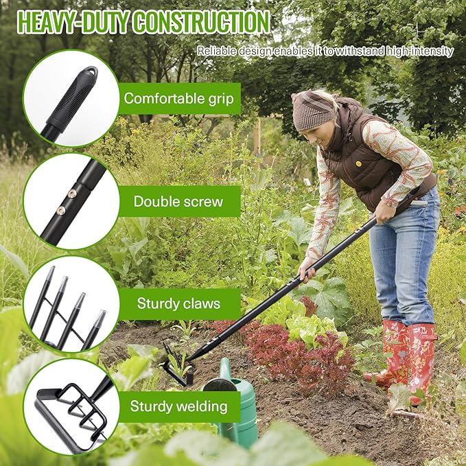 Garden Hoe, Heavy Duty Stirrup Hoe with 30-79" Adjustable Long Handle, Hula Hoe Garden Tool for Weeding, Double Action Scuffle Loop Hoe with Cultivator Rake for Loosening Soil for Gardening