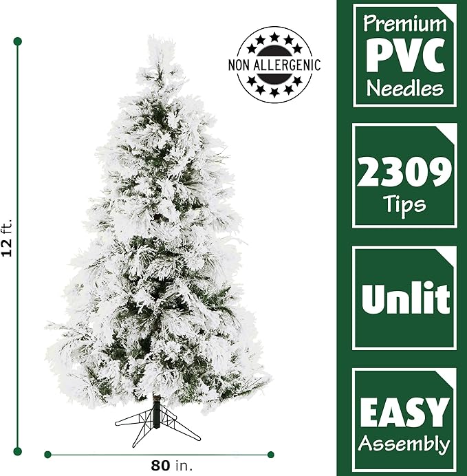 Fraser Hill Farm Snowy Pine Flocked Christmas Tree - 12ft Unlit Artificial Tree, Festive Indoor Holiday Decoration