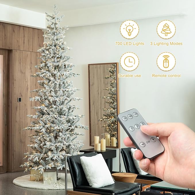 Glitzhome 10ft Deluxe Pre-Lit Flocked Artificial Christmas Tree, Majestic Frostfall Fir Hinged Holiday Xmas Tree with 700 Warm White Lights, Three Function, Easy Assembly