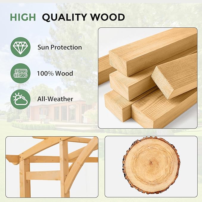 10' x 14' Wood Pergola Outdoor, Patio Pergola Solid Structure with Shelves, Painted Wood Frame with Arched Top for Garden Porch Deck,Brown