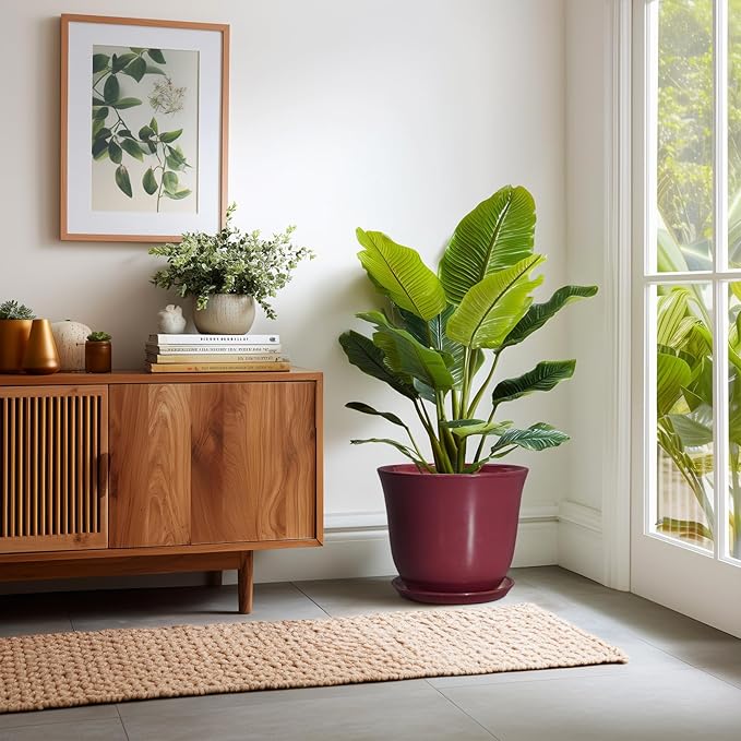 12 Inch Pots for Plants - Ceramic Planter for Indoor Outdoor, Round Plant Pot with Drainage Hole and Saucer, Large Planters, Modern Flower Pots, Home Room Office Decor, Gardening Gifts, Red