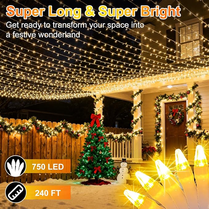 750 LED 240FT Christmas String Lights Outdoor, 12 Pro Modes and Timer Memory & Brightness, Plug in Outdoor Waterproof Clear Wire Twinkle Light for for Xmas Yard Tree Wedding Party Decor (Warm White)