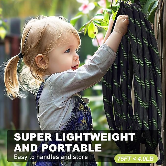 75 ft Garden Hose, 2025 Upgarded Flexible Water Hose 75ft With 10-Pattern Spray Nozzle, Kink-Free, Lightweight, Durable, Leak-Proof Solid Brass Fittings (Black & Green)