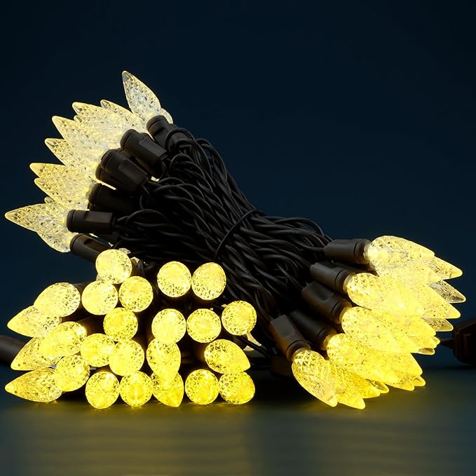 YULETIME Warm White C6 Strawberry LED Christmas Lights, 33 ft 100 Count 4" Spacing One-Piece High Waterproof UL Certified String Light (Warm White - Brown Wire)