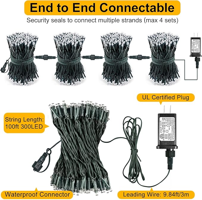 Christmas Lights Outdoor, 66FT 200 LED Christmas Tree Lights with 8 Modes Waterproof, Green Wire Plug in String Light for Indoor Patio Garden Xmas Party Wedding Holiday Decor, Blue White