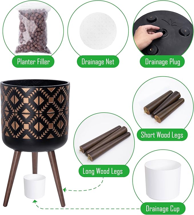 D'vine Dev 14 Inch Planter Pot with Stand, Mid-Century Tall Plant Pot with Legs for Indoor Plants, Bronze/Black, 88-G-D-6