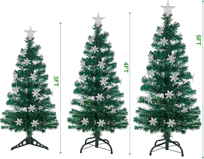 Juegoal 4 ft Pre-Lit Artificial Christmas Tree, Lighted Optical Fiber Xmas Trees with RGB Color Changing LED Lights, Snowflakes & Top Star, Festive Party Holiday Fake Multicolored Tree with Metal Legs