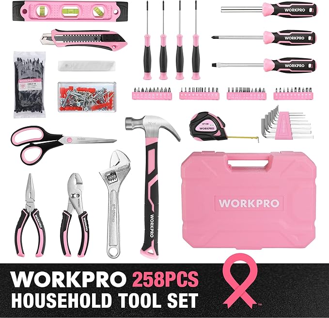 WORKPRO Pink Tool Set, 258 PCS Tool Kit for Women, Basic Household Case with Hammer, Screwdriver Set, Portable for Home Repair, New Apartment, House-Warming, DIY - Pink Ribbon