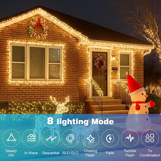 Christmas Lights 400 LED 131 FT, IP67 Waterproof Christmastree Lights with 8 Modes, Remote Control 3 Timers & Memory Function Xmas Decorations for House and Holiday (Warm White)