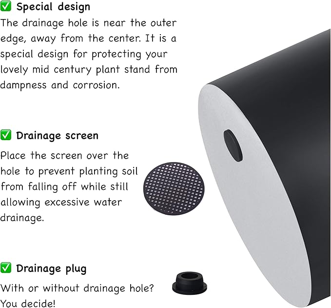 FaithLand Plant Pot 12 inch - Perfectly Fits Mid-Century Modern Plant Stand - Drainage Plug and Drainage Mesh Screen - Matte Black