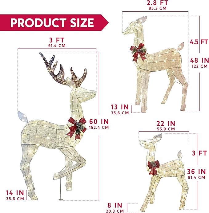 Joiedomi 3 Packs Christmas Decoration Deer Family, 360 Warm White LED Lighted Reindeers Yard Lights, Christmas Outdoor Decorations for Yard Garden Lawn, Xmas Decor, White Deer