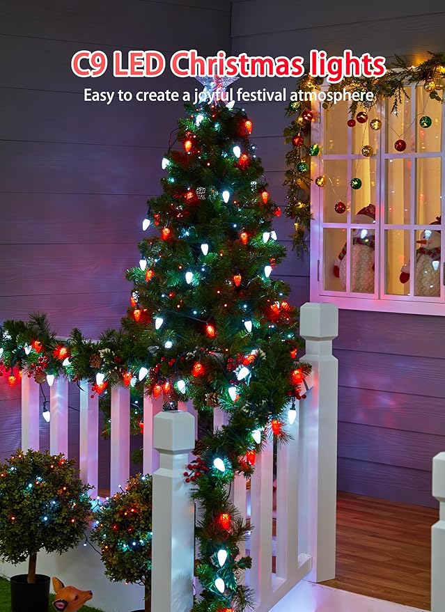 C9 LED Christmas Lights Outdoor, 81 Feet 100 LED String Lights with Timer & 8 Light Mode, Waterproof Commercial Grade Christmas Tree Lights for Outside Indoor Roofline Patio Decor, Red & Pure White