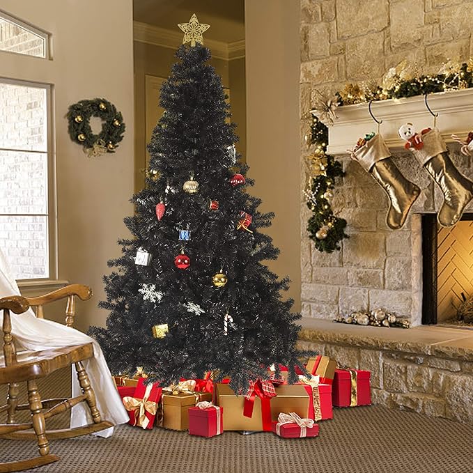 Black 8ft Artificial PVC Christmas Tree with 1500 Tips & Metal Stand Gorgeous Faux-Pine Halloween Xmas Tree Seasonal Holiday Decoration for Home,Office and Party