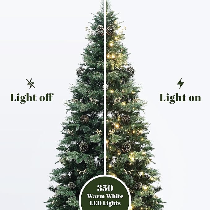 LuxenHome 7.5FT Prelit Christmas Tree with Lights, Slim Artificial Christmas Tree with 350 LED Lights and Pine Cone, 1247 PE+PVC Branch Tips, Plug-in Prelit Pine Tree Indoor, Outdoor Holiday Décor