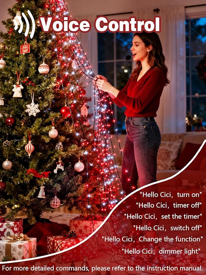 Voice Controlled Christmas Lights with Remote, 99 FT 300 LED String Lights Indoor Outdoor with 12 Modes 3 Timers, Dimmable Twinkle Light Plug in Waterproof for Xmas Tree Party Decor, Red and White
