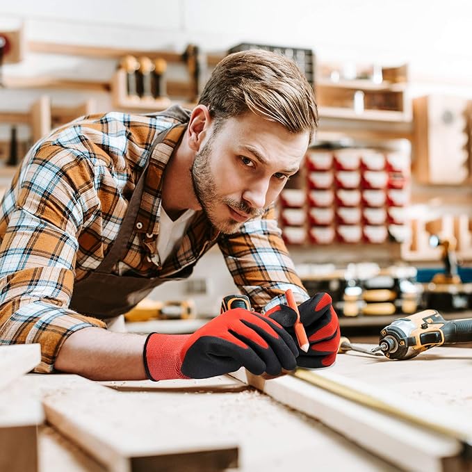 COOLJOB Gardening Gloves for Men, 6 Pairs Breathable Rubber Coated for Garden Weeding Landscaping, Outside Work for Lawn Yard, Men's Medium Size, Black & Red