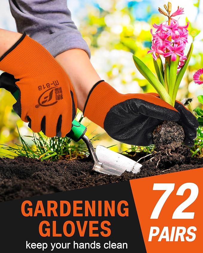 72 Pairs Gardening Work Gloves Bulk for Men Women, Rubber Coated Garden Multipack Safety Construction Glove