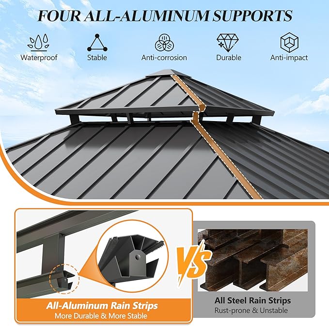 GARTOO 8.5' x 8.5' Outdoor Wood Gazebo - Permanent Wooden Hardtop Gazebo Pavilion with Double Curtains, Galvanized Steel Roof Cedar Wood Gazebos for Poolside, Garden, Lawn, Backyard Deck