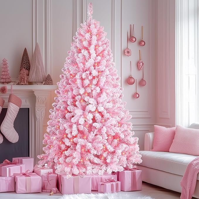 SHareconn 6ft Prelit Snow Flocked Spruce Artificial Christmas Tree with Remote (Upgraded), 330 Pre-Lit Multi-Color RGB Lights, Full Snow Branch Tips for Home, Office, Xmas Decoration, 6 FT Pink