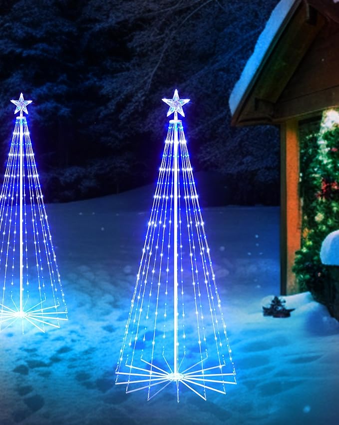 Christmas Cone Tree Light, 7ft 295 LED Light Show Christmas Tree with 8 Modes Timer Remote, Dimmable Artificial Christmas Tree for Porch Yard Patio Indoor Outdoor Xmas Holiday Decor, Blue & White