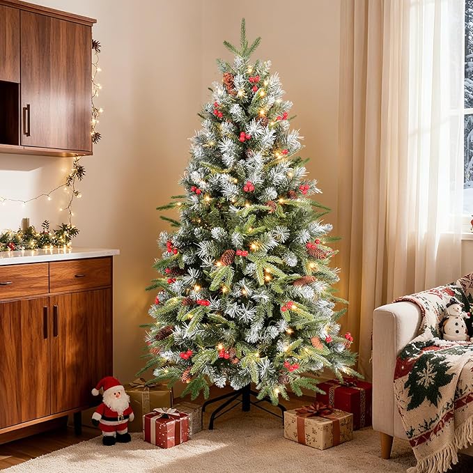 4Ft Pre-Lit Artificial Christmas Tree Fully Pre-Decorated with 747 Flocked Frosted Tips, 35 Berries, 35 Pine Cones, 150 Lights, Realistic Xmas Tree with Metal Hinges& Floded Stand