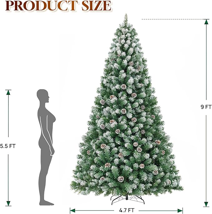 HOLLO STAR 9 ft Prelit Christmas Tree with 549 LED Lights, App Control, Artificial Christmas Tree, Multi-Color RGBW Lights, 2400 Flocked Frosted Tips, 115 Pine Cones, Metal Base, for Home, Party