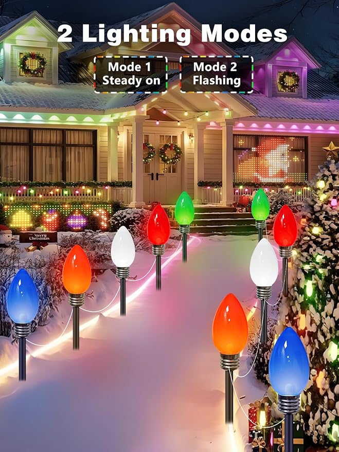 10 Pack Large C9 Christmas Decorations Outdoor, Waterproof C9 Christmas Lights Plug in with 2 Modes and Timer, Pathway Light for Party Indoor Courtyard Patio Lawn Garden Xmas Decoration (Multicolor)