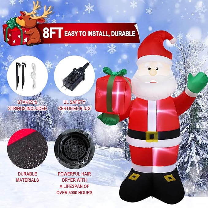 8 FT Christmas Inflatables Santa Claus Outdoor Decoration, Giant Christmas Blow up Santa Claus inflable with Red Gift Box, Built-in LED Lights,Xmas Outside Decor for Front Back Yard Garden Lawn