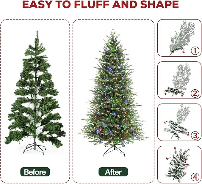 Hykolity 7.5 ft Prelit Christmas Tree, 2933 PE&PVC Realistic Branch Tips, Frasier Grande Christmas Tree with 450 Color Changing Twinkly LED Lights, Metal Stand and Hinged Branches, 10 Colors