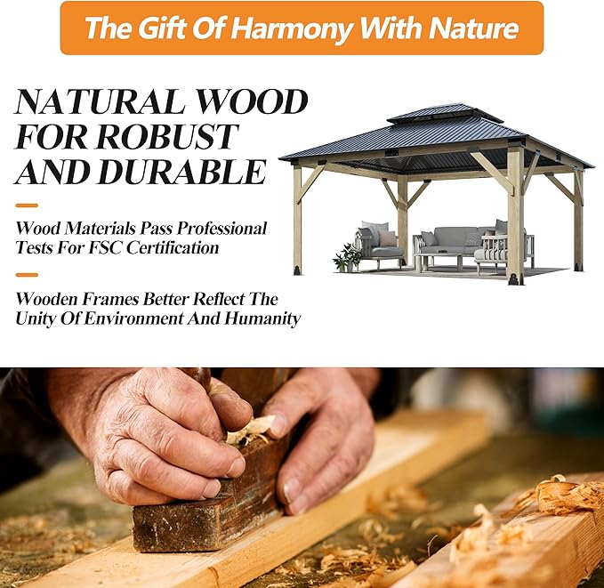 GARTOO 13’x15’ Outdoor Wooden Gazebo - Patio Galvanized Steel Wood Gazebo with Double Vented Roof, Heavy-Duty Gazebos for Garden, Lawn, Backyard Deck, Poolside