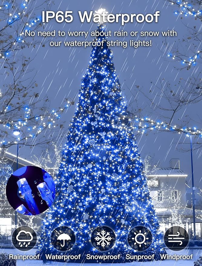 33FT 100 LEDs String Lights Waterproof Fairy Lights 8 Modes with Memory 30V UL Certified Power Supply for Home, Garden, Wedding, Party, Christmas Decoration Indoor Outdoor (Cool White+Blue)