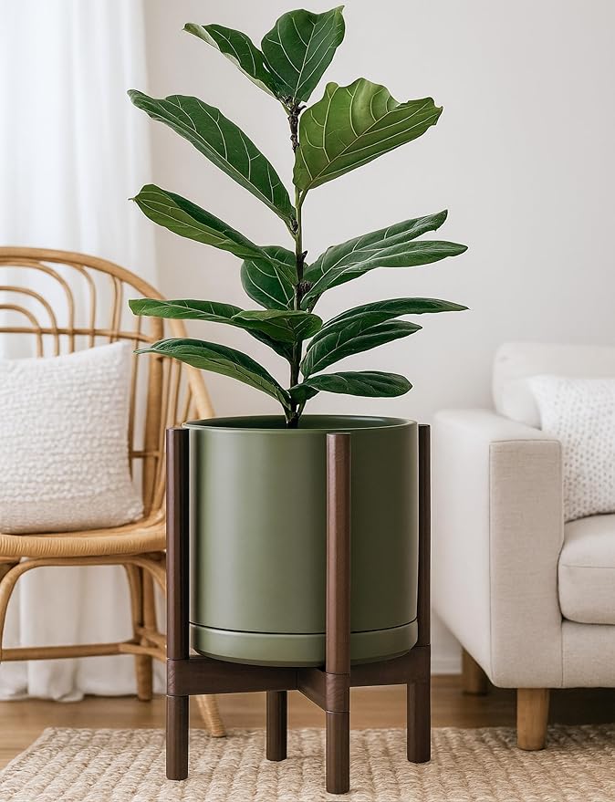 D'vine Dev Ceramic Planter with Walnut Color Stand - 12 Inch Modern Round Flower Pot with Wood Planter Holder, Olive, 55-B-W-J