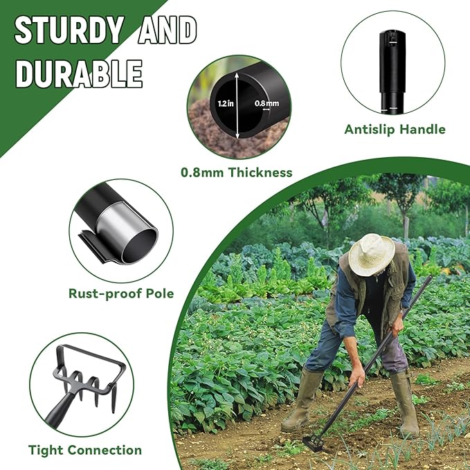 Stirrup Hoe, Heavy Duty Hula Hoe with 32-72" Adjustable Long Handle, 2 in 1 Action Hoe with Cultivator Rake, Scuffle Hoe, Hula Hoe Garden Tool for Weeding Grass, Loosening Soil, Sharp Blade, Black