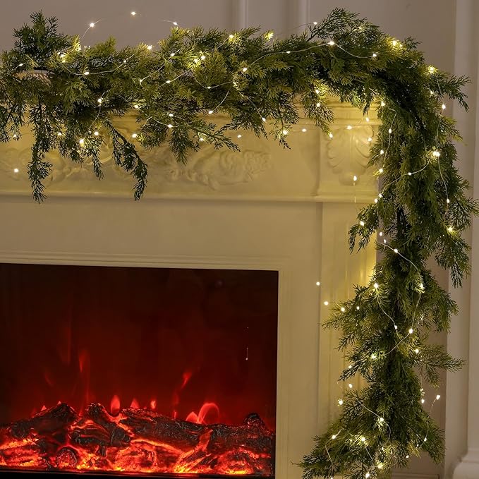 MISSPIN 6ft Christmas Garland with Lights, Real Touch Winter Cedar Pine Garland, Green Artificial Greenery Garland for Table, Mantle, Wall, Indoor, Outdoor Christmas Decorations