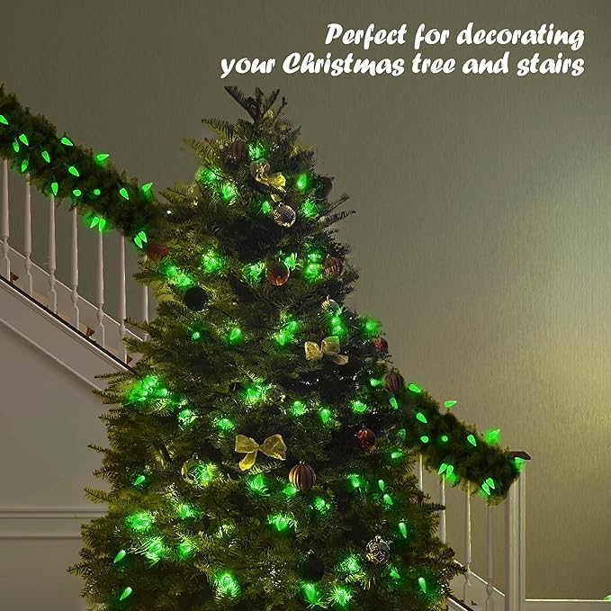 WBao C6 100 LED 33ft Battery Operated Christmas String Lights with 8 Modes, Timer, Waterproof Design for Indoor Outdoor Christmas Trees, Fence, Stairs Xmas Decorations, Green