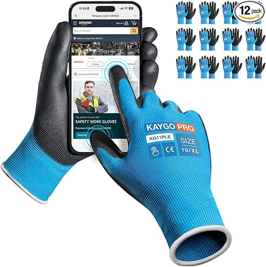 KAYGO Safety Work Gloves PU Coated for Men and Women- KG11PB,12 Pairs,Seamless Knit Glove with Two Fingers Touchscreen,Ideal for General Duty Work (Blue,XL)