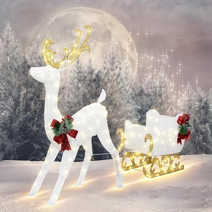 Vongrasig 4FT Lighted Christmas Reindeer & Sleigh Outdoor Yard Decoration Set W/ 205 LED Lights & 8 Ground Stakes, Zip Ties, Artificial Xmas Lighted Holiday Decor for Indoor and Outdoor(White)