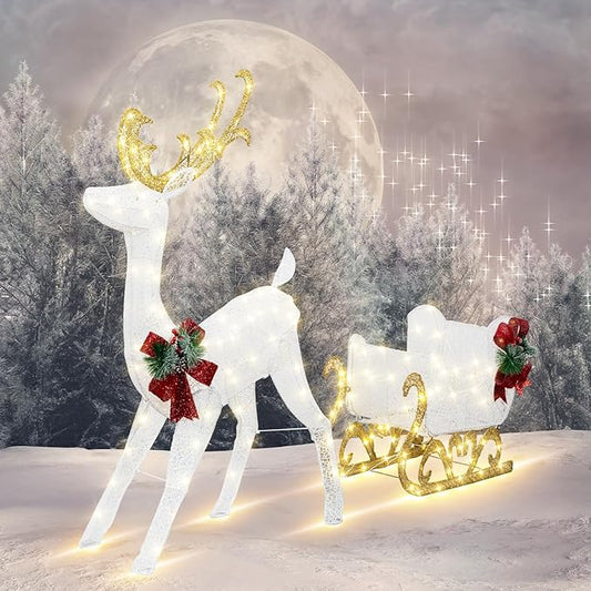 Vongrasig 4FT Lighted Christmas Reindeer & Sleigh Outdoor Yard Decoration Set W/ 205 LED Lights & 8 Ground Stakes, Zip Ties, Artificial Xmas Lighted Holiday Decor for Indoor and Outdoor(White)