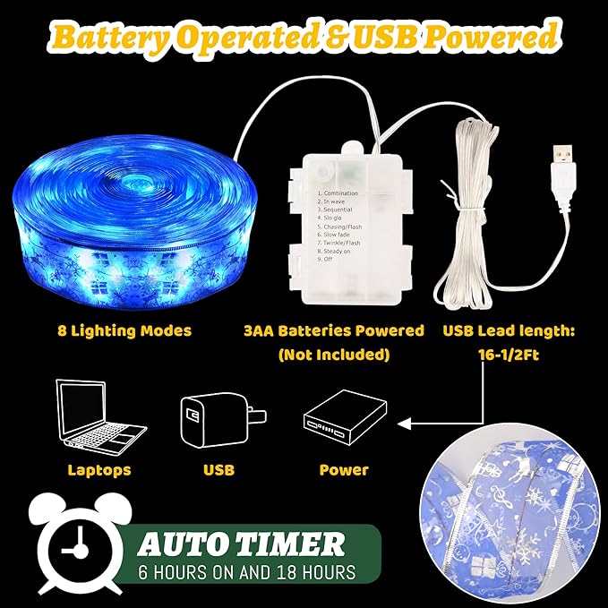 Christmas Decorations - 2.5Inch x 66Ft 200 Led Christmas Tree Ribbon Lights with 8 Lighting Modes, Battery Operated & USB Powered Fairy String Lights with Timer for Xmas Tree Decor