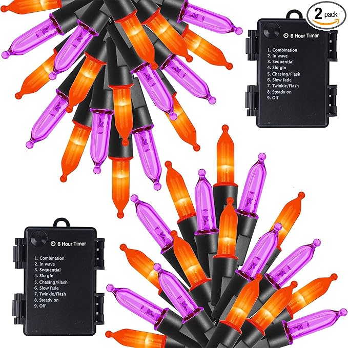 WATERGLIDE 2 Pack 50 LED Outdoor Halloween Lights, 16 FT Mini String Light with 8 Modes, Waterproof Battery Operated Tree Lights for Indoor Outdoor Patio Garden Party Decoration, Orange & Purple