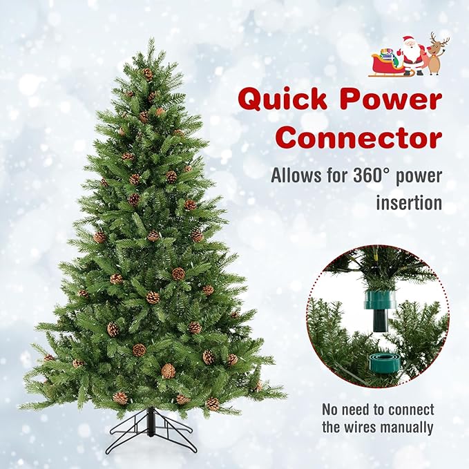 GOFLAME 6FT Pre-Lit Christmas Tree, 3-Minute Quick Shape Artificial Xmas Tree with Power Connector, Remote, 470 LED Lights, Pine Cones, 3 Lighting Modes, Timer, Holiday Decoration Tree for Home Office
