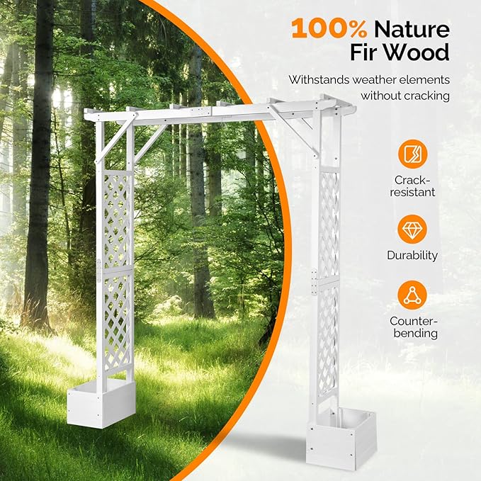 VINGLI Wooden Garden Arbor with Planter, Wedding Arch for Ceremony, Wood Garden Arbour Trellis for Plant Climbing, Pergola for Garden Backyard, Lawn, Outdoor (White)