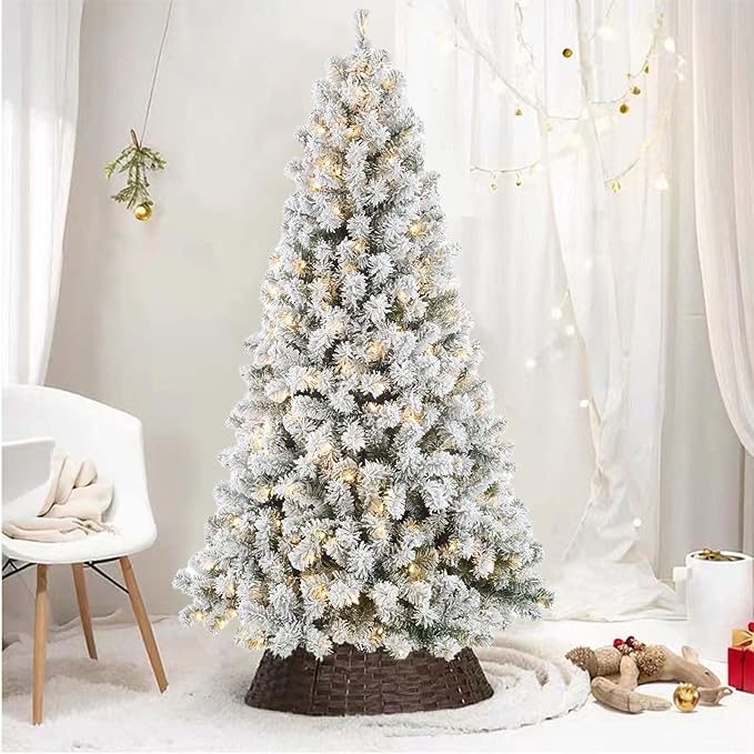 7ft Flocked Christmas Tree Prelit, Frosted Artificial Christmastree with 350 Warm White Lights, 1105 Snowy Branch Tips - Ideal for Home, Office, Party, or Holiday Decor