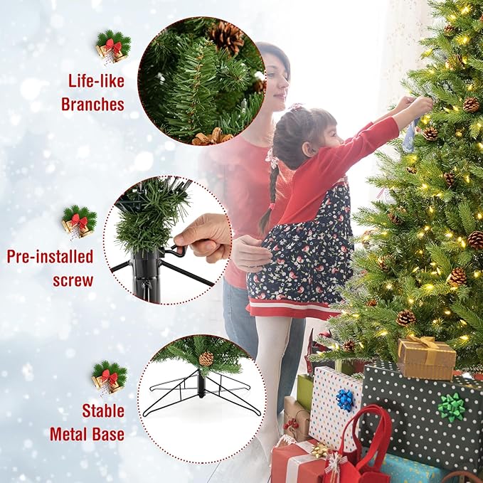 GOFLAME 6FT Pre-Lit Christmas Tree, 3-Minute Quick Shape Artificial Xmas Tree with Power Connector, Remote, 470 LED Lights, Pine Cones, 3 Lighting Modes, Timer, Holiday Decoration Tree for Home Office