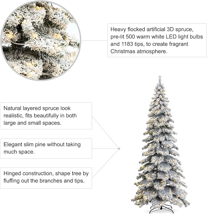 Glitzhome 9ft Pre-Lit Flocked Layered Spruce Artificial Christmas Tree, Large Elegant Snowfall Spruce Xmas Tree for Holiday New Year Home Decor