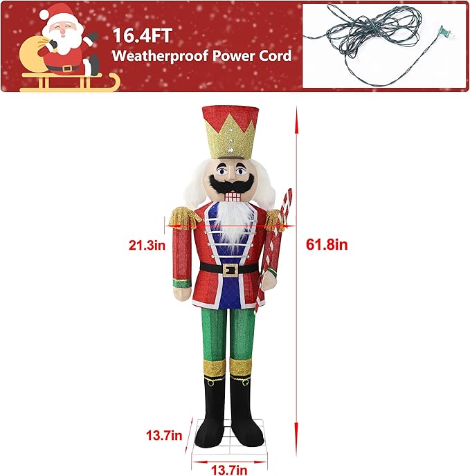 5FT Lighted Nutcracker with Candy Cane for Christmas Decoration, 3D Pre-Lit Iridescent Soldier Xmas Decor with 100 Warm White Lights, Glittered Standing Holiday Display for Outdoor, Indoor
