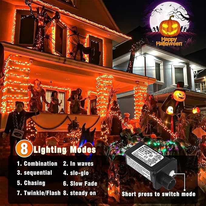 66FT 200 LED Outdoor String Lights, Orange Halloween Lights Waterproof 8 Modes Timer, Connectable Clear Wire Fairy Twinkle Light for Indoor House Bedroom Tree Yard Party Holiday Decorations